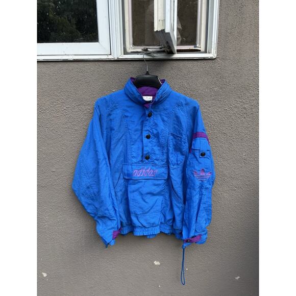 Vintage 80s Adidas Anorak Jacket Size Large Blue Kangaroo Pocket - Picture 1 of 16